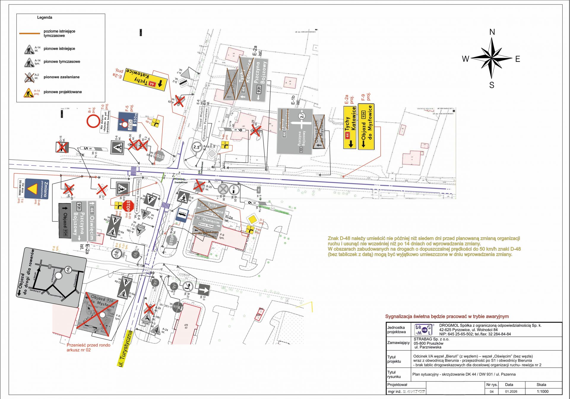 Rysunek techniczny związany ze zmianą organizacji ruchu